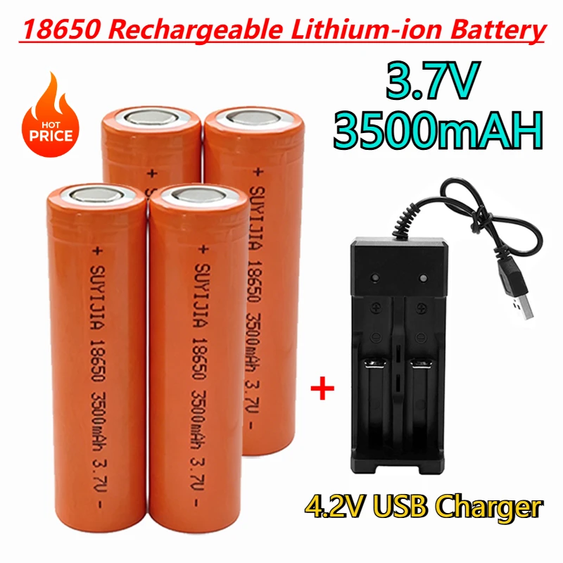 （1-10PCS）18650 Li-ion battery 3.7V 3500mAh actual capacity rechargeable battery for various electronic products+4.2V charger