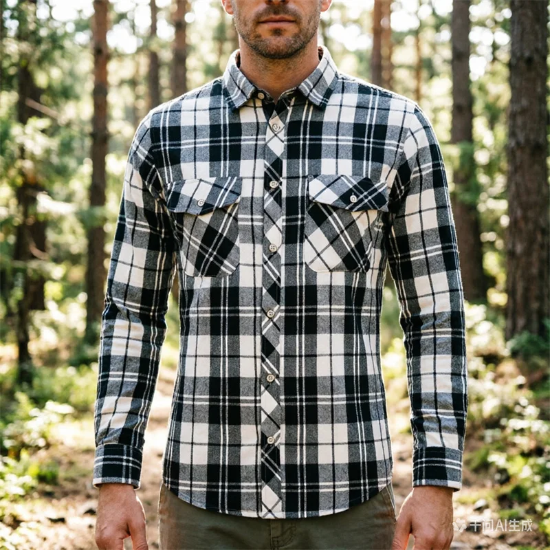 

Fashionable red and black men's checkered long sleeved shirt,casual collar made of pure cotton,extra large European size XXS-4XL