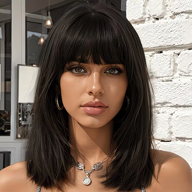 Black natural shoulder-length straight hair European and American full wig medium lengthBOBWomen's synthetic wigwigs