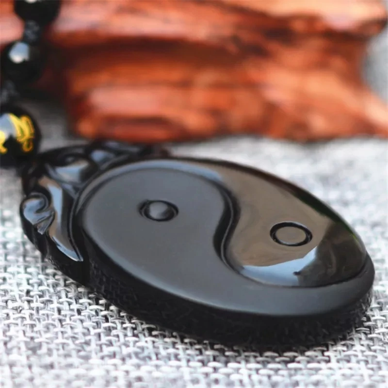 Natural Black Obsidian Carved Yin And Yang Bagua Necklace Pendant Fishes Pendant Necklace Jewelry