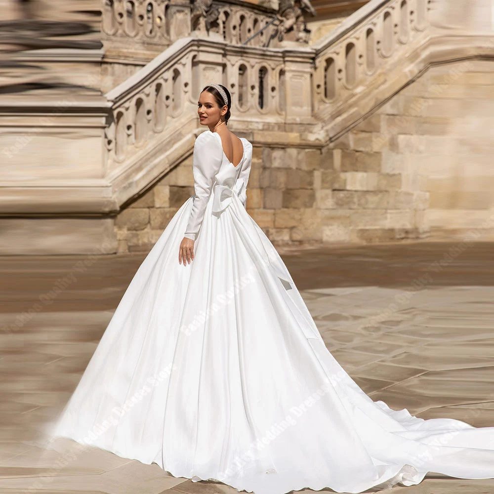 Elegante A-Lijn Vrouwen Trouwjurken Vintage Satijnen Stof Lange Mouwen Bruidsjurken Verloving Banket Vestidos De Novias 2024