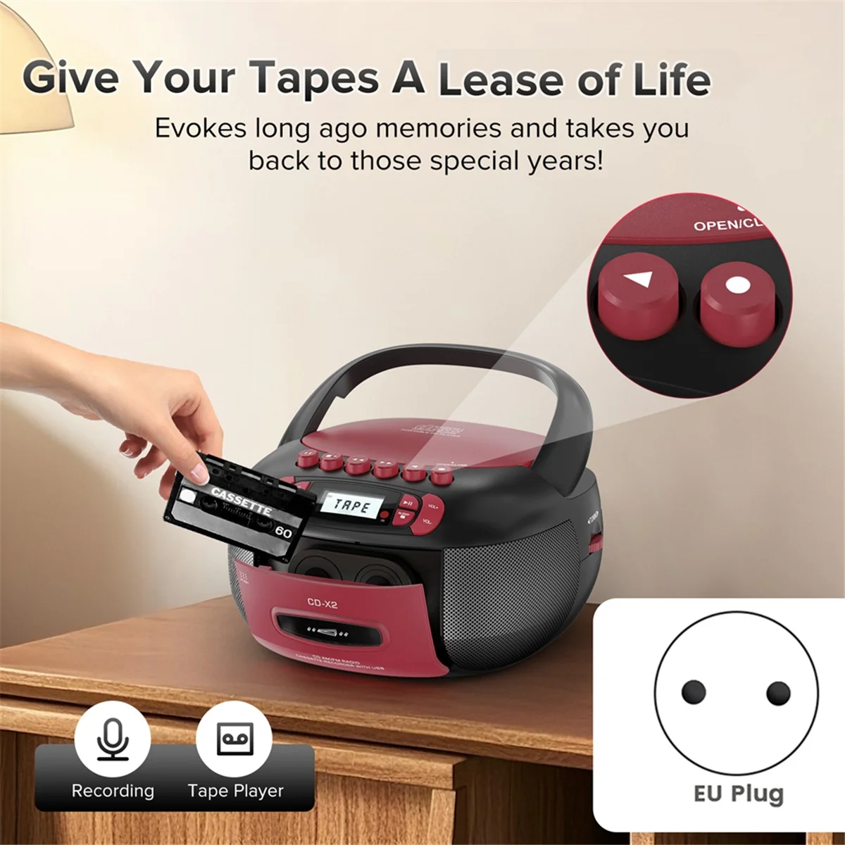 2025+ مشغل أقراص مضغوطة كاسيت محمول AM FM راديو مكبرات صوت بخاصية البلوتوث AUX USB MP3 يلعب مع جهاز التحكم عن بعد الاتحاد الأوروبي التوصيل