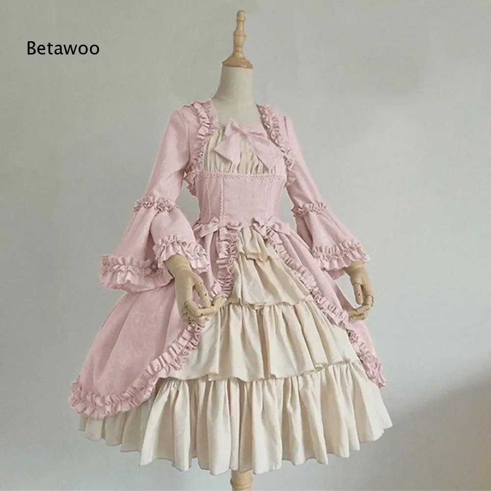 Vintage Rococo Style Two Color Lolita Dress Frill Trim Square Neck Oversized Bell Sleeve Tiered Ruffle Hem Princess Dress