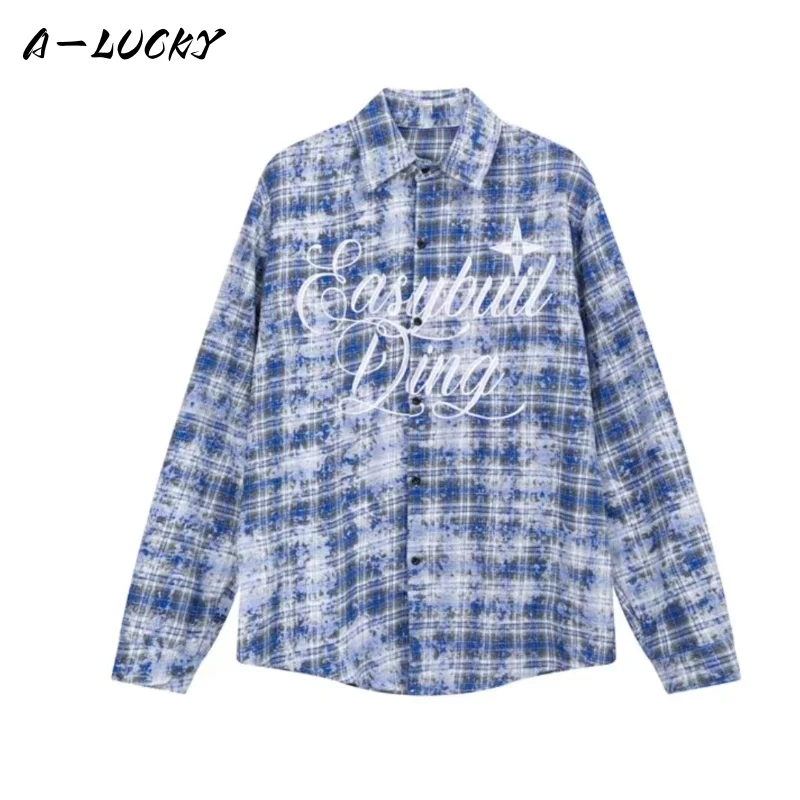 2024 New Loose Street Blue Embroidery Plaid Shirt Women Long Sleeved Blouse Couple Vintage Button Women Coat Korean Oversize Top