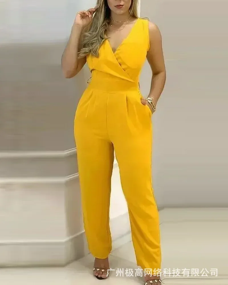 Sleeveless Pocket Design V-neck Work Jumpsuit Women Spring Summer 2024 New Overall Pants Jumpsuits High Waist Solid Color