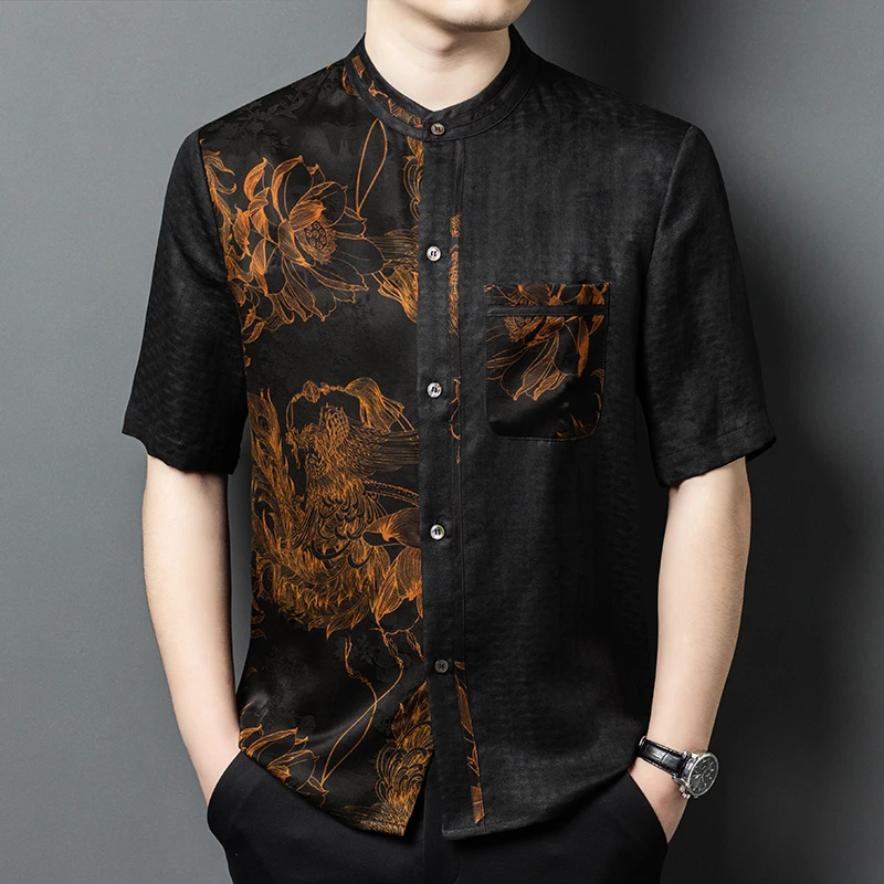 

Chinese Style Print High-End Shirts For Men 100% Silk Breathable Summer Quality Gambiered Canton Gauze Premium Camisas De Hombre