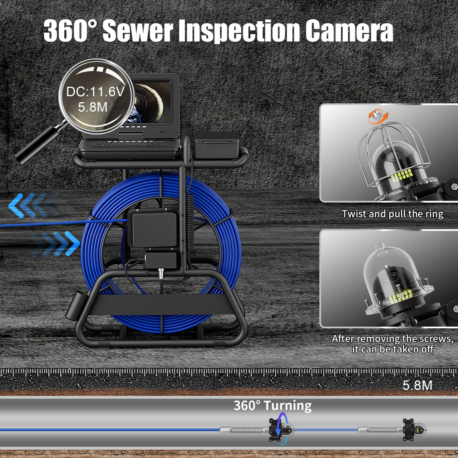 

10" DVR Sewer Camera 360°, Drain Camera with 512Hz Transmitter, Meter Counter, 32GB TF Card, 5X Zoom, 4500mAh Battery,7mm Cable