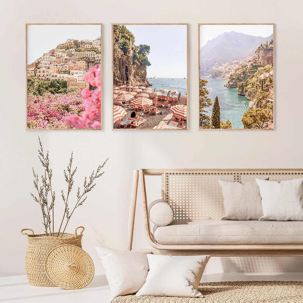 Amalfi Coast Mediterranean Italy Beach Print Canvas Painting Pink Positano Flower Travel Poster Wall Art Picture Bedroom Decor