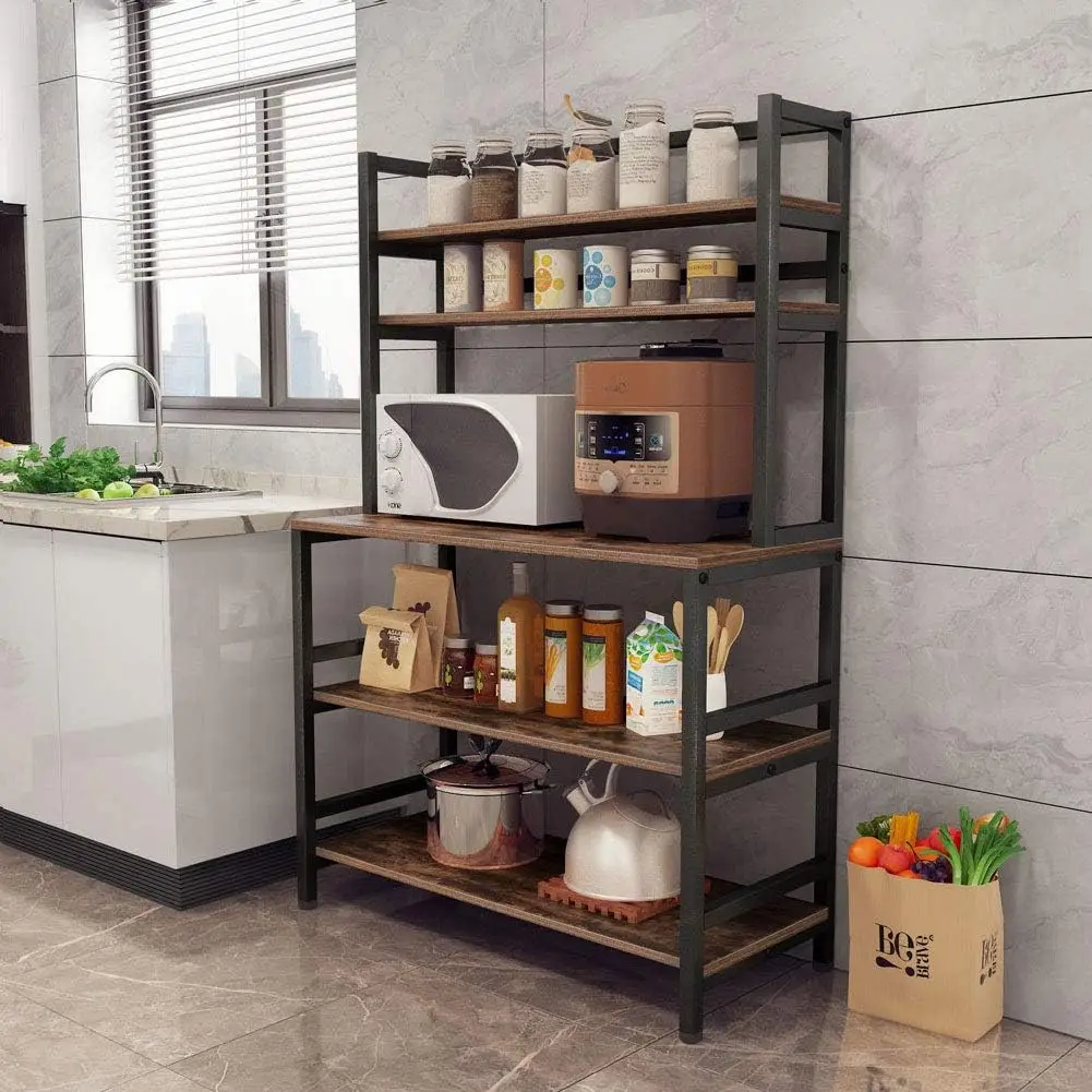 5-Tier Kitchen Bakers Rack with Hutch,Microwave Oven Stand, Free Standing Kitchen Utility Cart Storage Shelf Organizer Brown