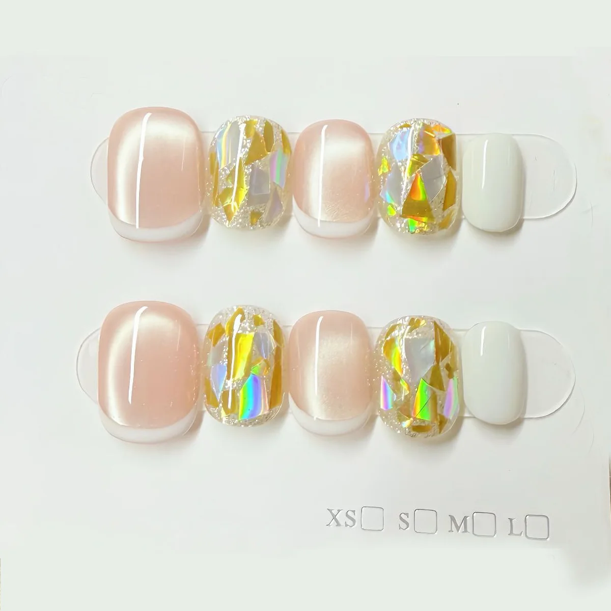 

10pcs Short Square Round Handmade Press on Nails White French Strobe Full Coverage Nail Tips for Women&Girl Cat Eye False Nail