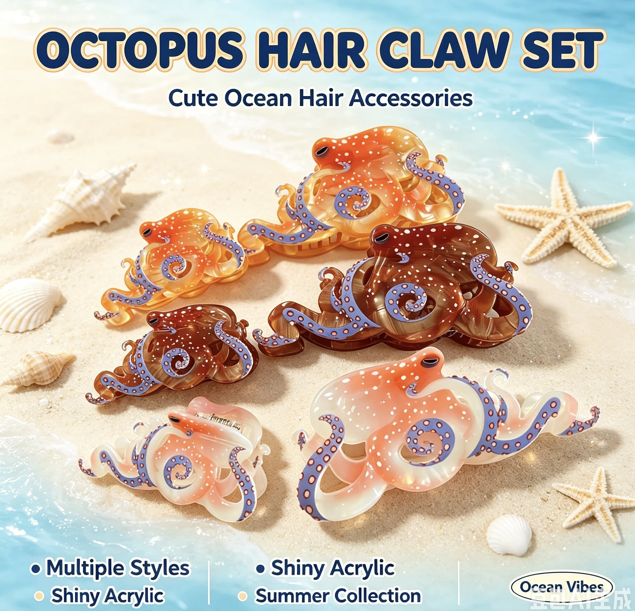 Creative Octopus Ocean Animal Hair Claw Clip, Fun Novelty Non-Slip Hair Catch for Updos, Stackable Unique Hair Accessory for Beach Trips, Vacation, Daily Wear, Parties & Holiday Gifting