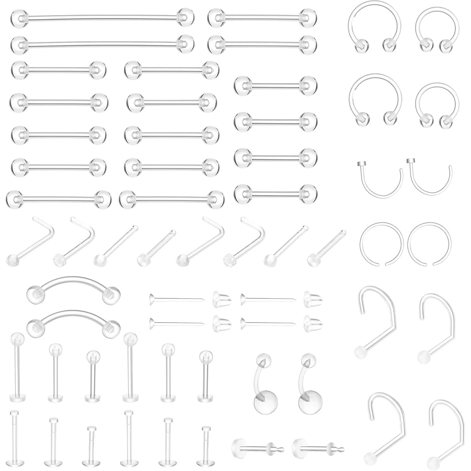60 Pcs Clear Piercing Retainers for Surgery Bioflex Plastic Jewelry for Nose Ring Septum Eyebrow Lip Cartilage Tragus Earrings