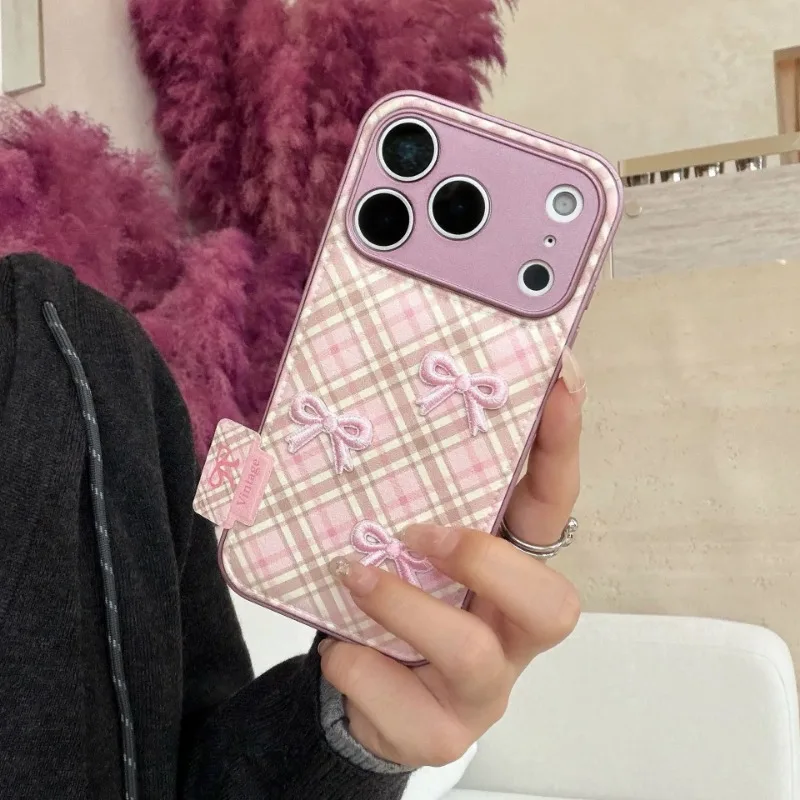 

Sweet Cute Pink Grid Pattern Stereoscopic Embroidery Bowknot Shock Proof Phone Cover Case for iPhone 17 16 15 14 13 Pro Max