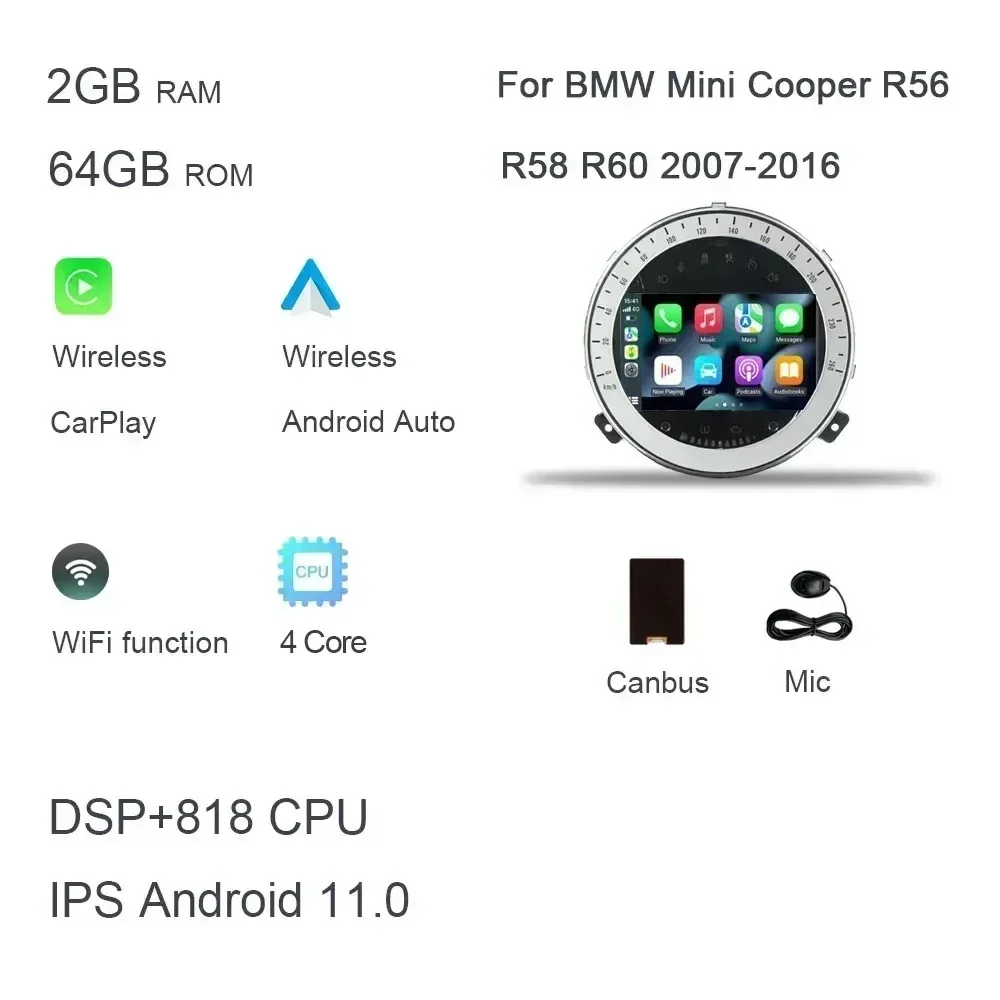 Kabelloses Carplay DSP 8GB 128GB 7' Android 14.0 Autoradio Multimedia-Player für BMW Mini Cooper R55 R56 R57 R58 R60 2007-2013