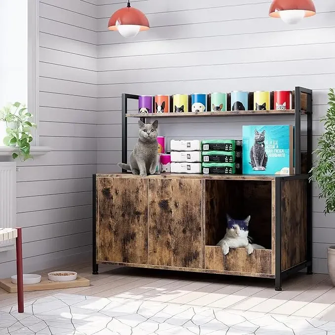 

-Cat Litter Box Enclosure Large Hidden Furniture With Shelves Scratching Pad And Pet Storage Cabinet
