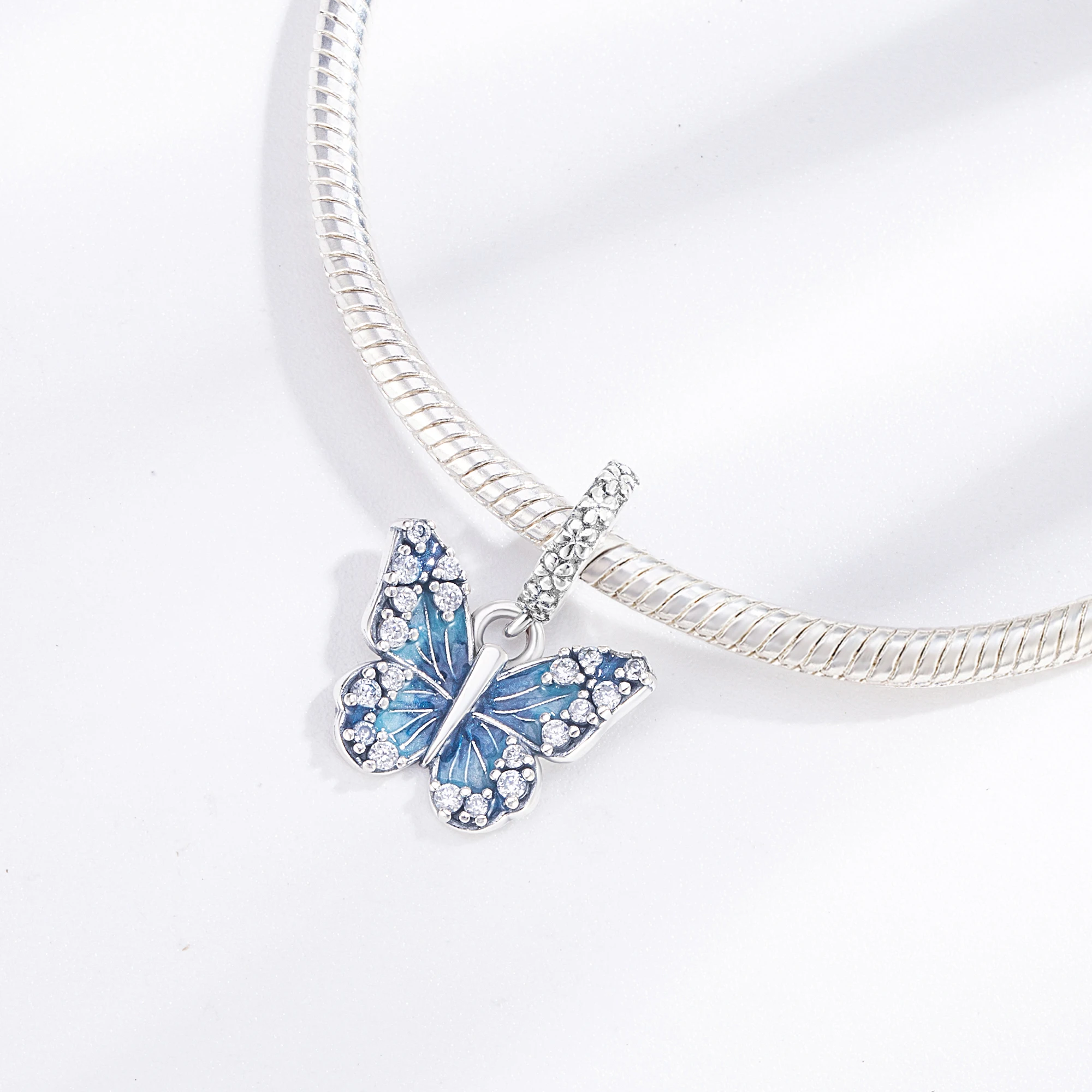 Pan Charms Original Sparkling Blue Butterfly Dangle Charm Bracelet Pendant Jewelry
