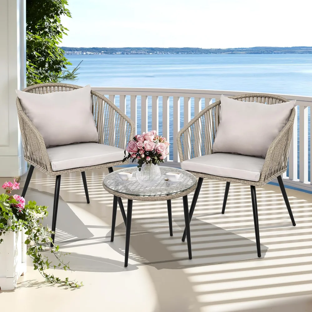 

3-Piece Wicker Small Patio Balcony Chair Set, Outdoor Rattan Conversation Apartment Chairs for Backyard