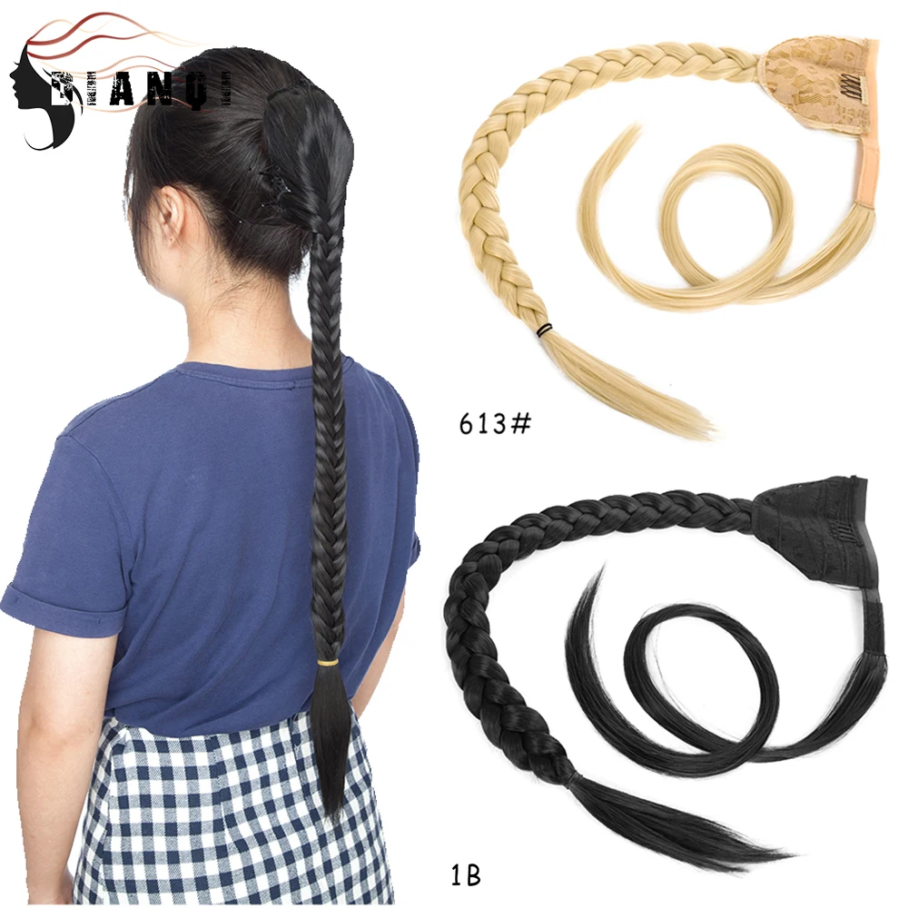 DIAN QI Synthetic Hair Braided Plaited Fishtail Fishbone Velcro Ponytail Clip In Hair Extension Black Brown For Black Women