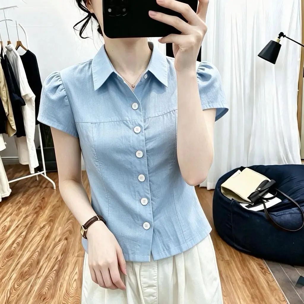 Slim Fit Short Sleeve Shirt Women's Single Button Design Summer New Style Waist Cinching Slimming Effect  Collar Casual S...