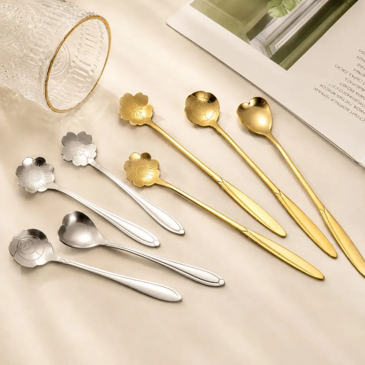 2pcs Stainless Steel Teaspoons,Cute Stainless Steel Cherry Blossom Spoons,Ice Cream Dessert Spoon Kitchen Accessories For Coffee