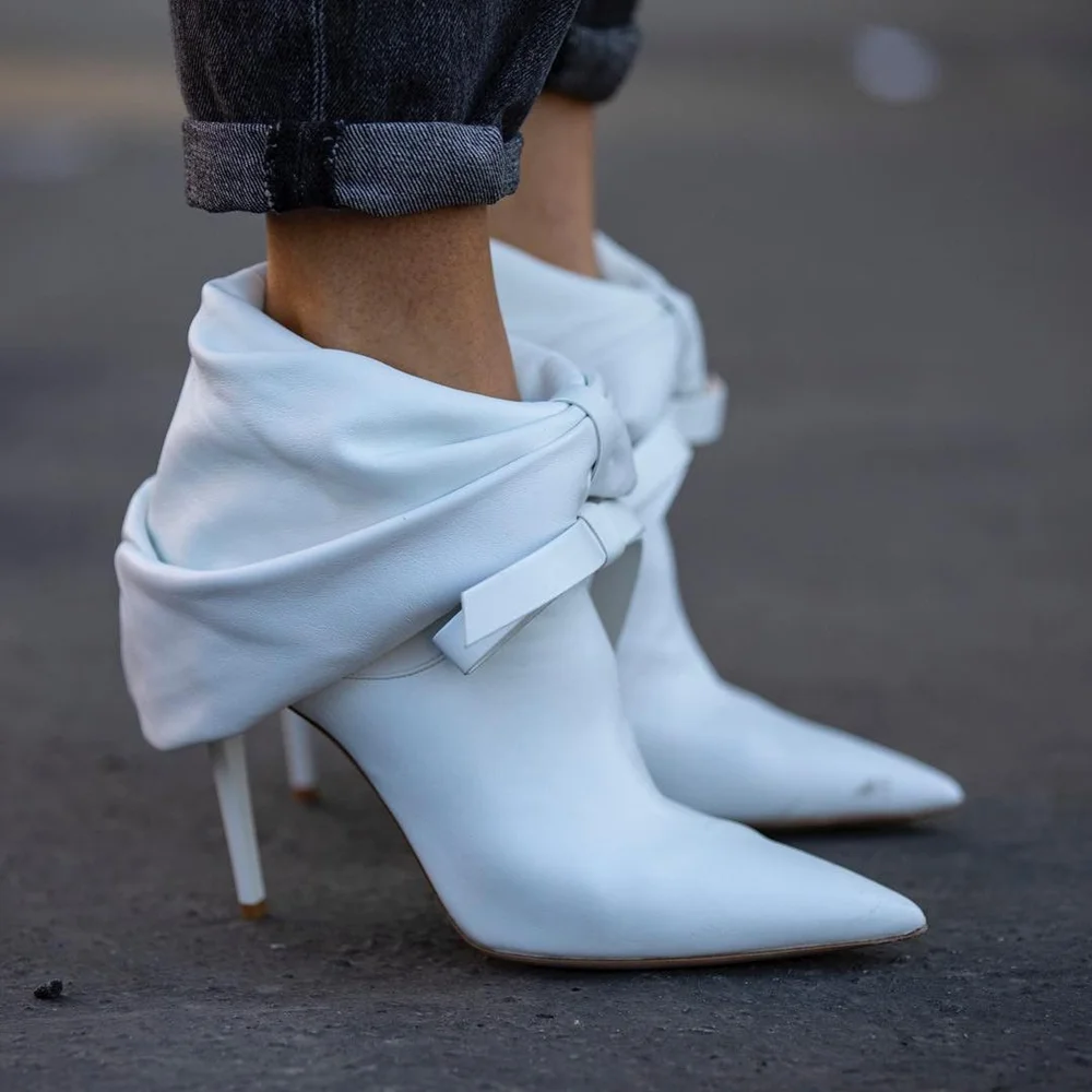 

Casual White Leather Pointed-Toe Slouchy Ankle Boots Stiletto Heel Oversize Draped Fabric Bow Accent Elegant Avant Looks