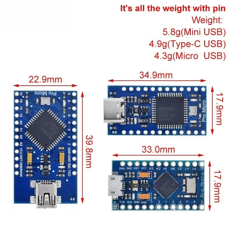 ATmega32U4 Pro Micro Board 5V 16MHz, Mini USB 5-Pin, Native USB, 12 Digital I/O, 4 ADC, 5 PWM, UART