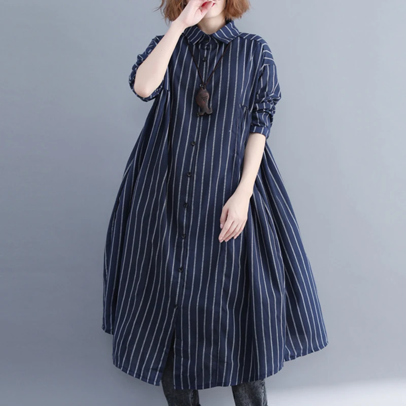 Wiosenno-letni, luźny kardigan damski plus size z bawełny i lnu w paski, z kołnierzykiem, o kroju litery A, rozpinany, swobodny, uniwersalny top.