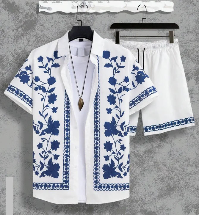 Hawaiian Shirt Set Men 3D Printed Blue And White Porcelain Pattern Summer Fashion Casual Daily Oversized Shirt+shorts 2piece Set