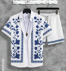 Hawaiian Shirt Set Men 3D Printed Blue And White Porcelain Pattern Summer Fashion Casual Daily Oversized Shirt+shorts 2piece Set