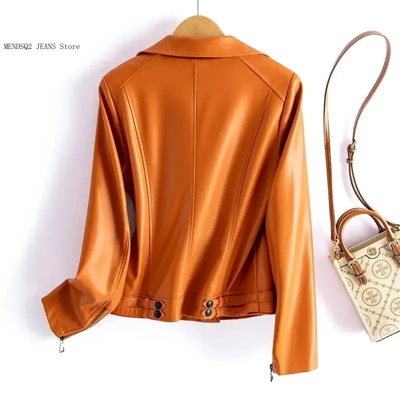Autumn Winter Green Moto Biker Outerwear Casual Streetwear Women's 2Nd Layer Sheepskin Jacket Leather Short Coat