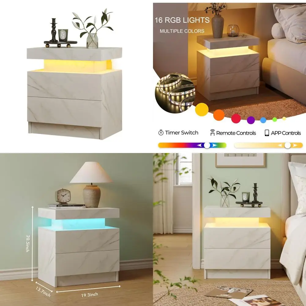 

Modern LED-Lit White Nightstand with Drawer for Bedroom End Table