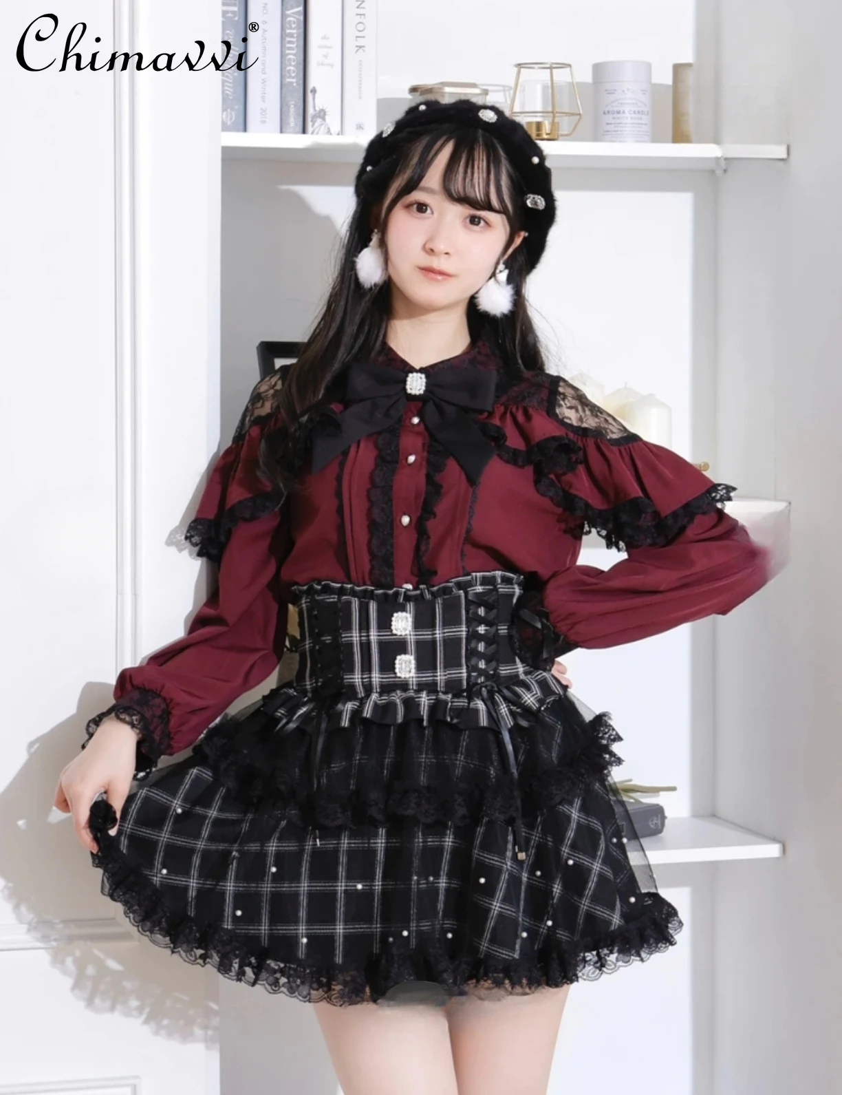 

Sweet Girls Cape Ruffled Lace Stitching Shoulder Long Sleeve Shirt Japanese Mine Series Women Lolita Bowknot Blouse Tops Autumn