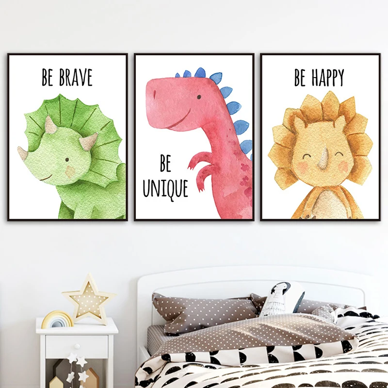 Modern Watercolor Dinosaur Style Inspirational Words Canvas Art Prints Cute Wall Decorative Poster for Nursery Kids Room