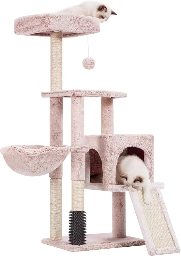 

Heybly Cat Tree with Self Groomer Brush, Tower Condo for Indoor Cats with Padded Plush Perch, House with Basket Scra