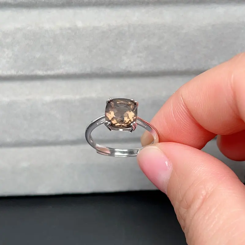 Natural Smoky Quartz Ring 8mm VVS Grade Quartz 925 Silve Rring with Gold Plating
