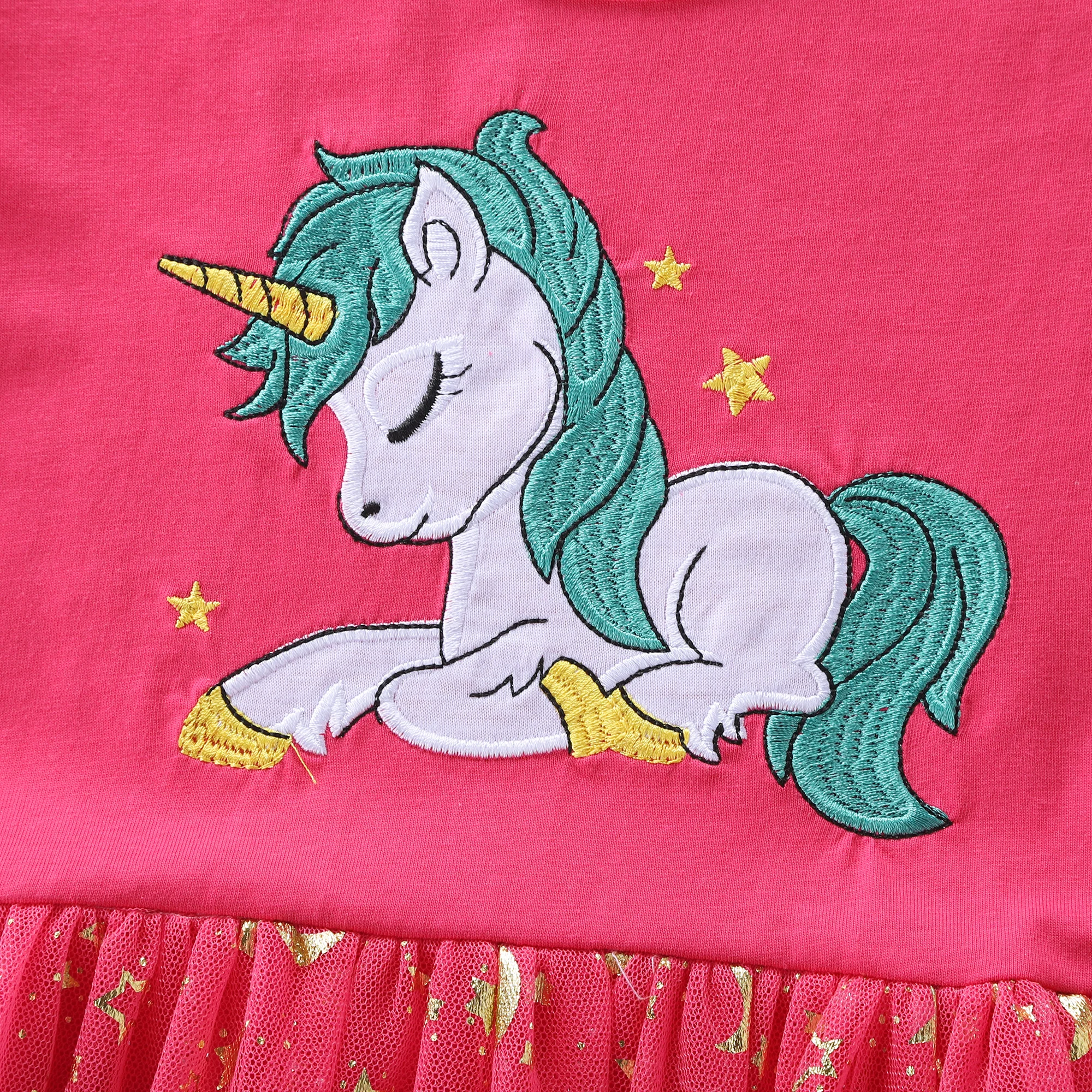Mädchen Herbst Neue Baumwolle bestickt Cartoon Einhorn Mesh Kleid – Detail 21