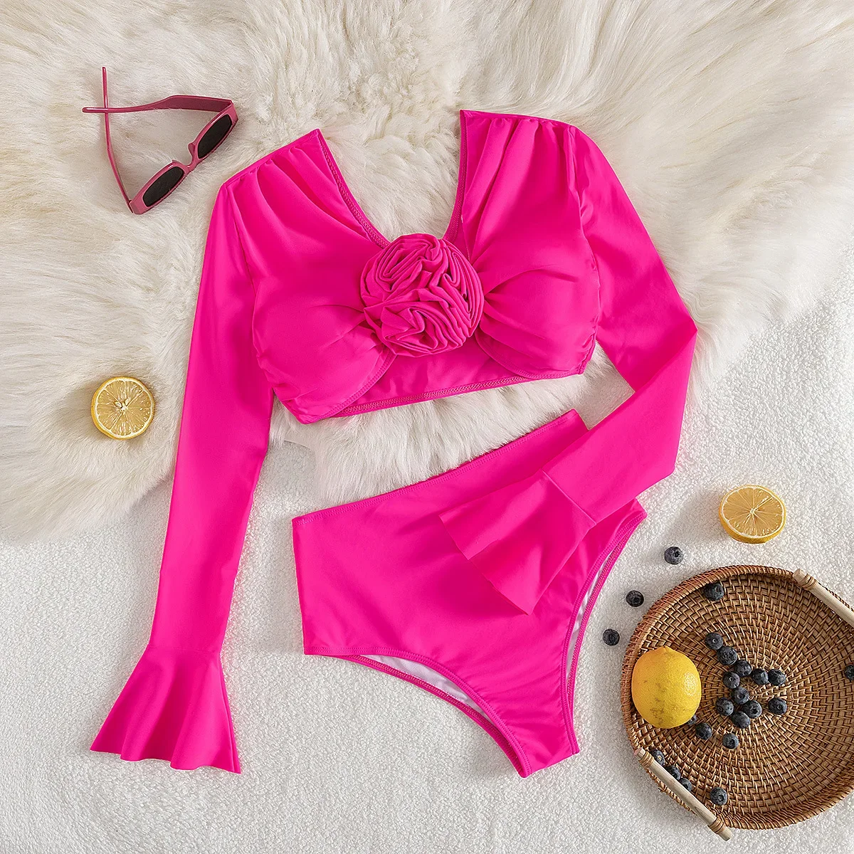 

Solid Color High Waisted Long Sleeved Split Swimsuit for Women 2025 New Sexy 3D Floral Bikini Swimwear Female Beach Wear Swim