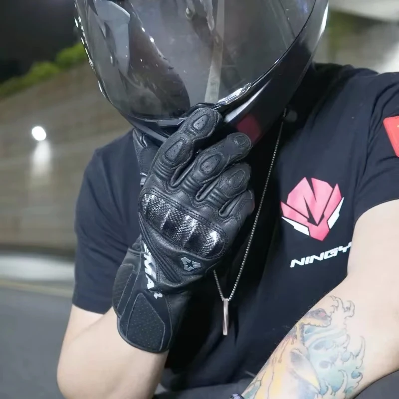 VEMAR Motorcycle Gloves Genuine Leather Carbon Fiber Protection Riding Gloves Men All-Season Breathable & Touchscreen Gloves