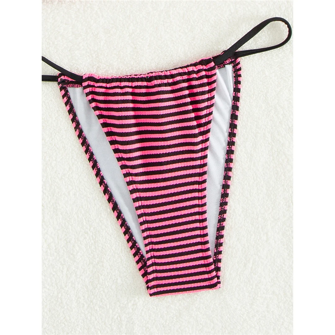 Gestreifter Neckholder-Bikini mit hohem Beinausschnitt, zweiteiliger Damen-Bikini, Badeanzug, brasilianischer Badeanzug, Badebekleidung, Schwimmbekleidung V6032 – Detail 14