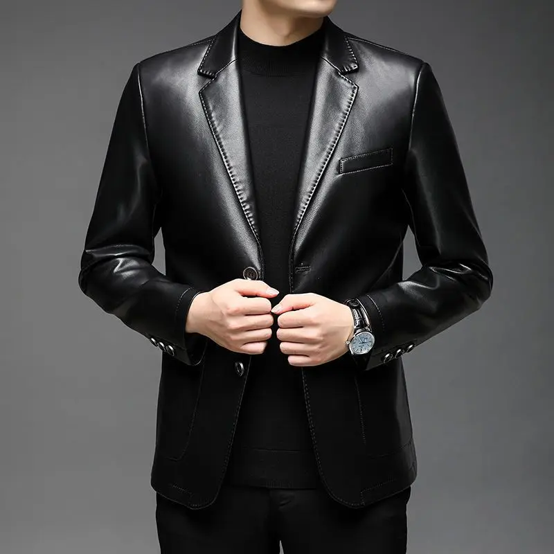 New Leather Suit Men Jacket Spring Autumn Korean Style Suit Collar High-end Casual Middle-aged Jacket Trendy Autumn Winter Thick
