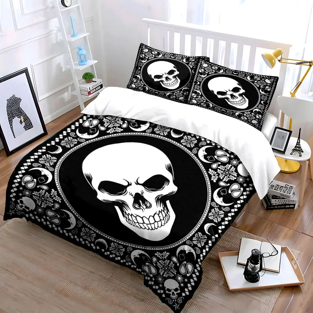 Skull and Moon Black-White Pattern Duvet Cover Set with 3D Printing Design Soft Polyester Bedding Set All-Season Comfort