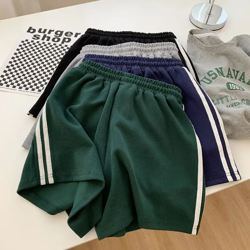 Side-stripe Sporty Shorts Women Vintage Loose Casual Minimalist High Waist Fashion All-match Summer Thin Jogging Korean Version