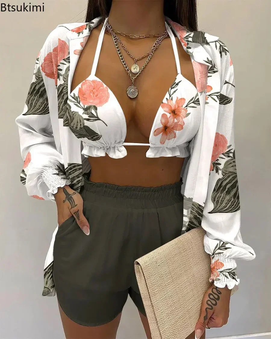 Women's Summer 3 Piece Set Outfits Swimwear Sexy Beach Printed Suspender Shirt Shorts Suit Three Piece Set Women Holiday Bikinis