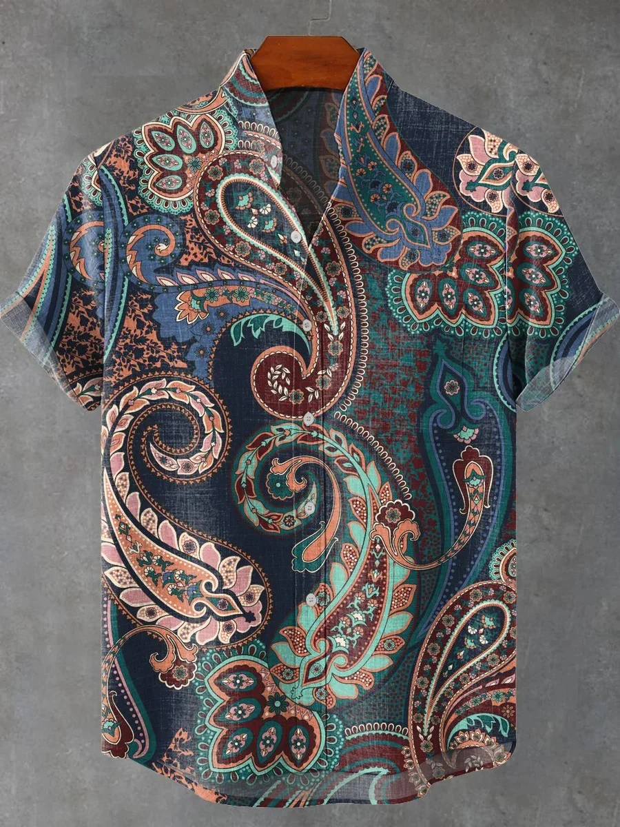 ハワイ3Dプリントデザインメンズおしゃれカジュアルバケーションリネンシャツメンズボタン快適半袖スタンドカラー