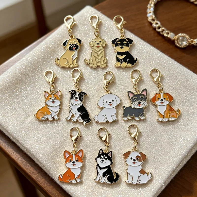 11Pcs Cute Cartoon Dog Keychains Alloy Enamel Puppy Charms, Corgi Husky Poodle Bulldog Schnauzer Bag Purse Backpack Car Key Pend - view 2