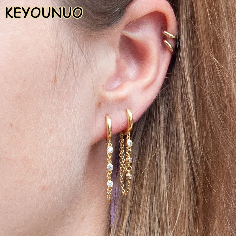 

KEYOUNUO Gold Silver Filled Drop Earrings for Women CZ Zircon Piercing Double Round Chain Tassel Earrings Jewelry Wholesale