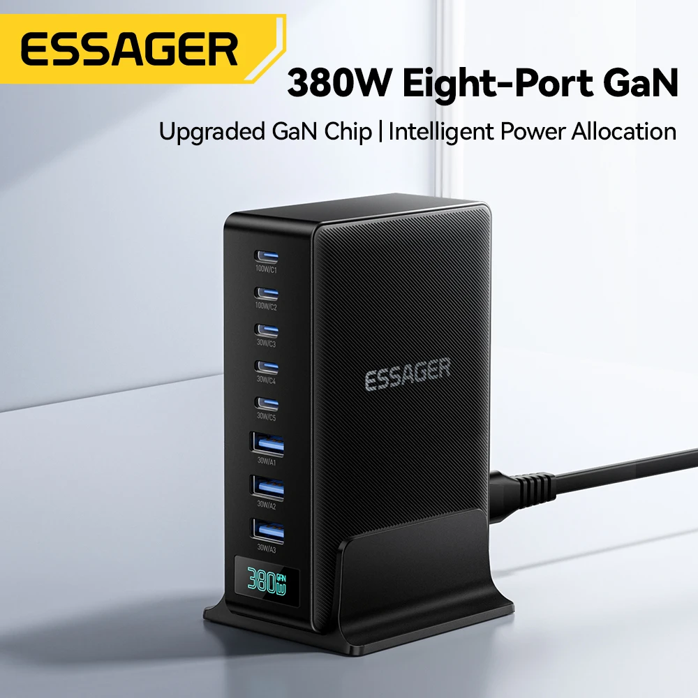 Ładowarka Essager 380W GaN 8 w 1, szybka ładowarka biurkowa do laptopa, stacja ładująca do iPhone 17 16 15 Pro Max, Macbook Air, Xiaomi, Samsung, tabletów — zdjęcie produktu 2