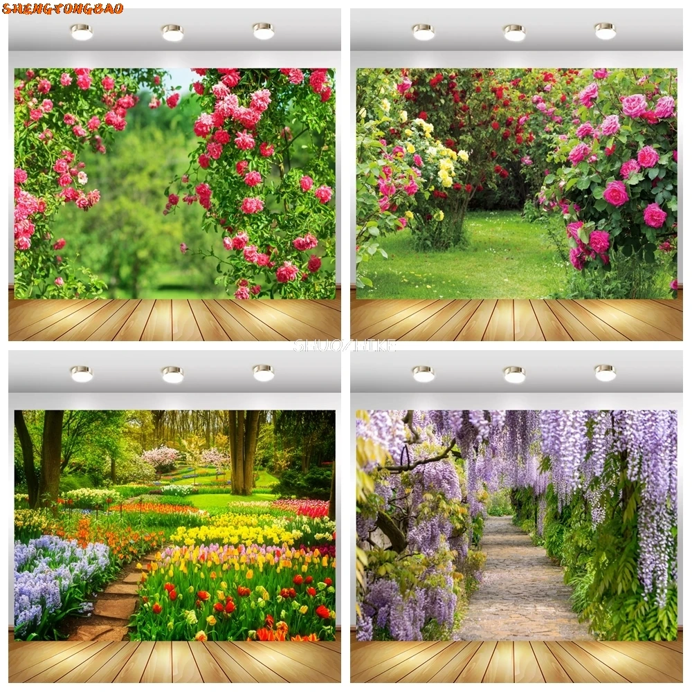 

Spring Backdrops Blossom Flowers Grass Vine Park Garden Scenic Photography Backgrounds Photocall Photo Studio