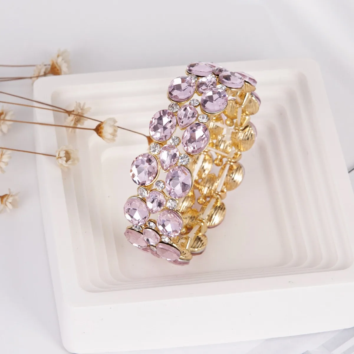 Fashion Women\'s Gold-plated Purple Rhinestone Elastic Bracelet Party Bangles