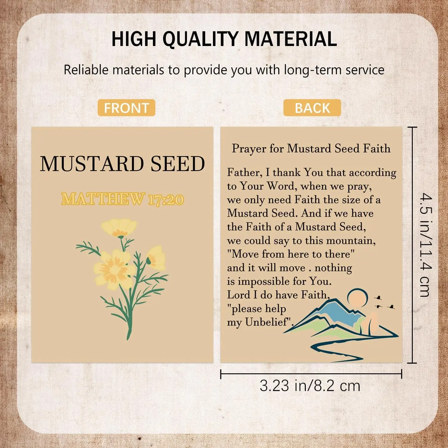 50Pack Mustard Seed Holy Cards Christian Prayer Card 3.2×4.5Inch-Kraft Double-Sided Faith Cards Matthew 17: 20 Faith Prayer Kit